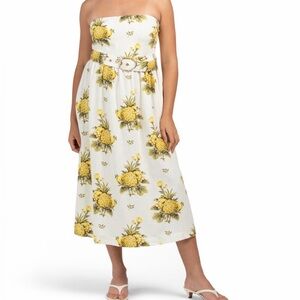 TAHARI Linen Blend Vintage Pineapple Strapless Midi Dress Cream Yellow 8 NWT